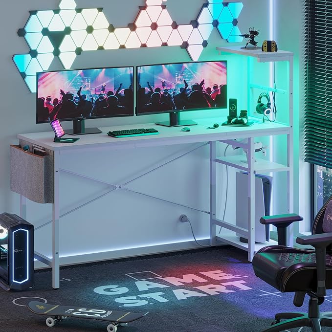 Bestier Gaming Desk with Power Outlets, 61 Inch Large Led Gamer Desk with 4 Tiers Reversible Shelves, PC Gaming Table with Headset Hook & Side Storage Bag for Bedroom (White 3D Carbon Fiber) - LeafyLoom