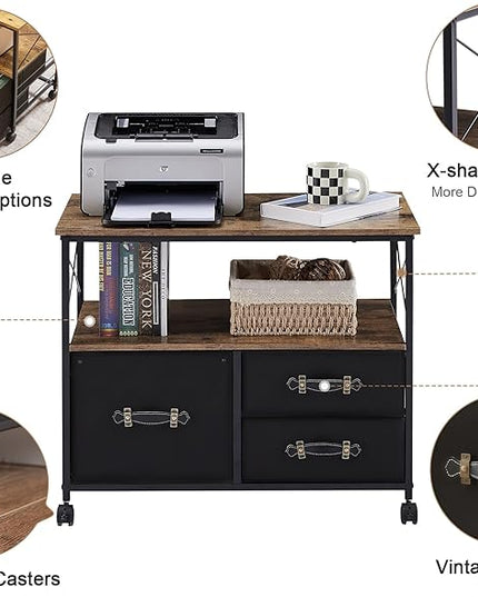 VECELO 3 Drawer Lateral File Cabinet Rolling Printer Stand with Open Storage Shelf, Fits A4 Or Letter Size, with Lockable Casters, Leather Handle, Ideal for Small Spaces, Brown+Black - LeafyLoom