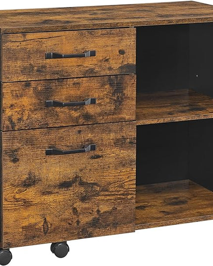 VASAGLE Lateral File Cabinet, Home Office Printer Stand, with 3 Drawers and Open Storage Shelves, for A4, Letter-Size Documents, Rustic Brown + Black - LeafyLoom