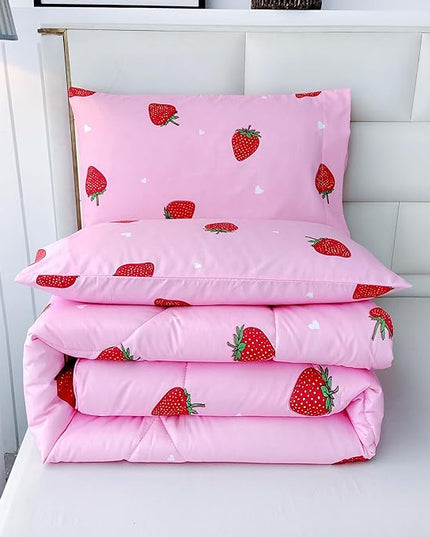 SDY 3PCS Full Size Strawberry Comforter Set, Girls Full Size Comforter Sets, Strawberry Bedroom Decor Cute Comforter Set, Kawaii Bedding Set Pink Comforter for Kids, Children, Teen… - LeafyLoom