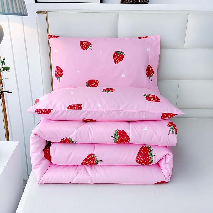 SDY 3PCS Strawberry Comforter Set Queen, Strawberry Queen Size Bedding Set, Kawaii Bed Set Kids Comforter Set, Cute Pink Bedding Room Decor for Girls, Children, Teen… - LeafyLoom