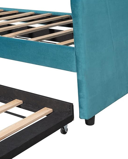 Twin Size Upholstered Daybed with Trundle, Wood Slat Support Sofa Bed with Armrest, No Box Spring Needed, Easy to Assemble, for Studio, Bedroom, Living, Guest Room, Blue - LeafyLoom
