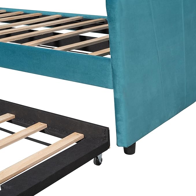 Twin Size Upholstered Daybed with Trundle, Wood Slat Support Sofa Bed with Armrest, No Box Spring Needed, Easy to Assemble, for Studio, Bedroom, Living, Guest Room, Blue - LeafyLoom