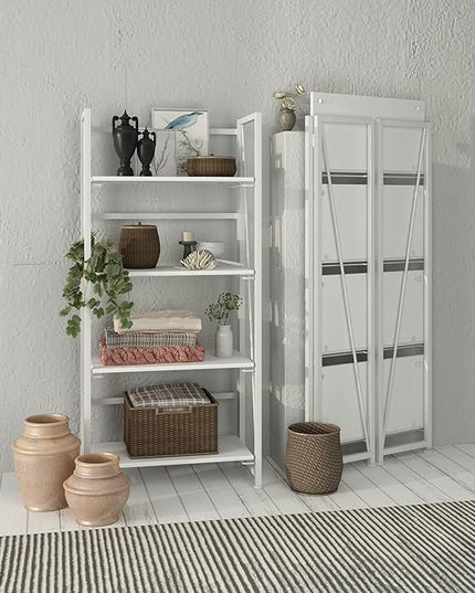 No-Assembly Folding Bookshelf Storage Shelves 4 Tiers Vintage Multifunctional Plant Flower Stand Storage Rack Shelves Bookcase for Home Office (All White) - LeafyLoom