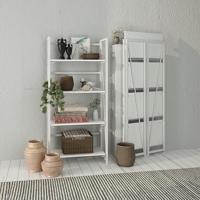 No-Assembly Folding Bookshelf Storage Shelves 4 Tiers Vintage Multifunctional Plant Flower Stand Storage Rack Shelves Bookcase for Home Office (All White) - LeafyLoom