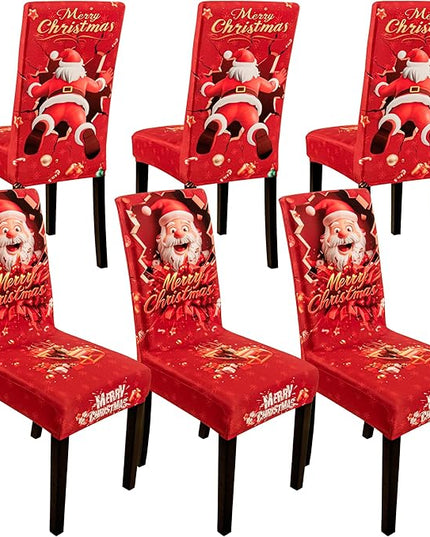 6PCS Christmas Dining Chair Covers Stretch Removable Washable Dining Room Chair Protector Slipcover 3D Print Santa Claus Deer Kitchen Chair Cover Slipcovers Protector for Xmas Holiday Party Home Décor CZL