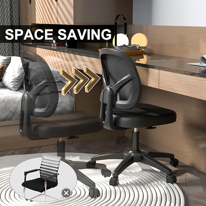 KOLLIEE Armless Mesh Office Chair Ergonomic Small Desk Chair No Arms Black Swivel Computer Chair with Wheels Task Chair for Small Spaces Mid Back Home Office Chair for Adults and Kids - LeafyLoom