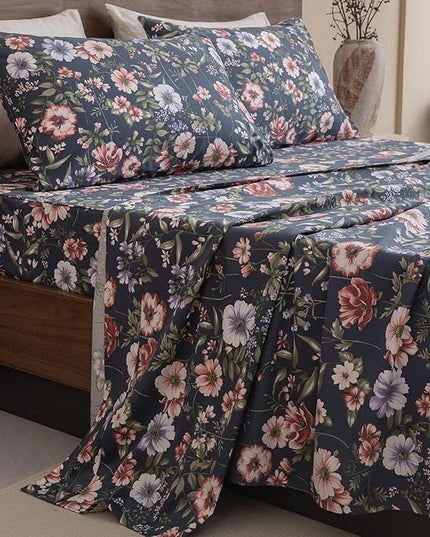 QSH Floral Queen Size Sheet Sets - 100% Egyptian Cotton Sheets Elegant Navy Flower Pattern Printed Bedding Sheets Queen Size Bed Extra Soft and Breathable 4pcs Deep Pockets Bed Sheets - LeafyLoom