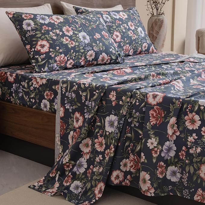 QSH Floral Queen Size Sheet Sets - 100% Egyptian Cotton Sheets Elegant Navy Flower Pattern Printed Bedding Sheets Queen Size Bed Extra Soft and Breathable 4pcs Deep Pockets Bed Sheets - LeafyLoom