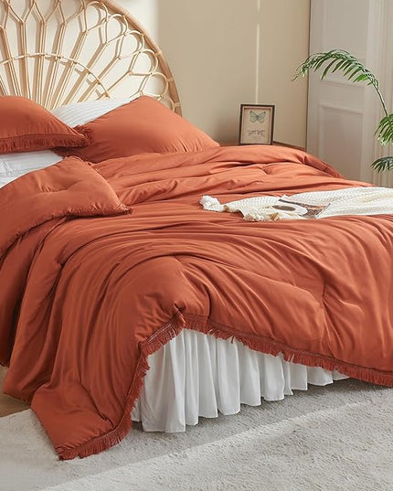 Litanika Terracotta Comforter Full Size, Boho Tassel Burnt Orange Comforter 3 Pieces, Rust Lightweight Fringe Bedding Set for All Season(1 Comforter 79x90 inch, 2 Pillowcases) - LeafyLoom