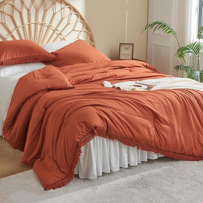 Litanika Terracotta Comforter Full Size, Boho Tassel Burnt Orange Comforter 3 Pieces, Rust Lightweight Fringe Bedding Set for All Season(1 Comforter 79x90 inch, 2 Pillowcases) - LeafyLoom