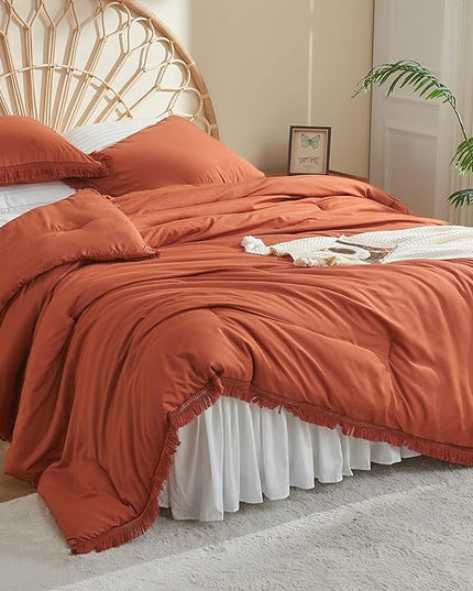 Litanika Terracotta Comforter King Size Set, Boho Tassel Burnt Orange Comforter Aesthetic 3 Pieces, Rust Lightweight Fringe Bedding Set for All Season(1 Comforter 104x90 inch, 2 Pillowcases) - LeafyLoom