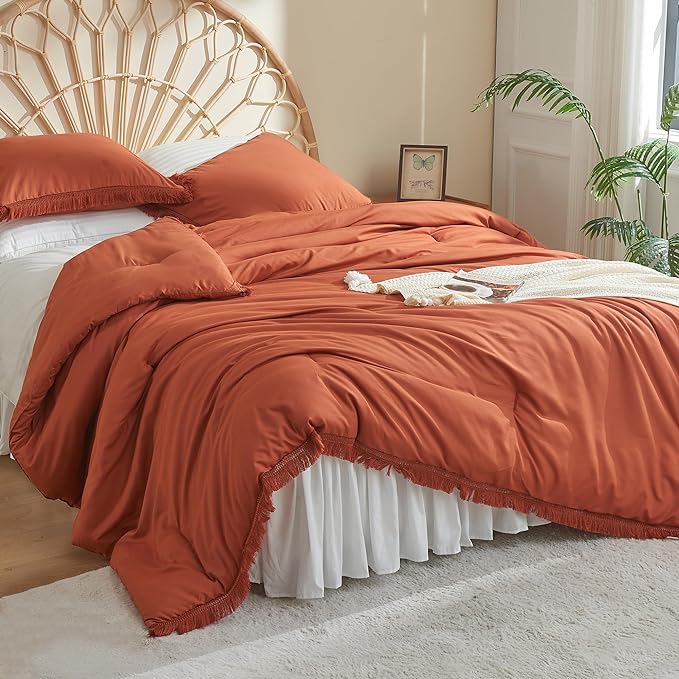 Litanika Terracotta Comforter King Size Set, Boho Tassel Burnt Orange Comforter Aesthetic 3 Pieces, Rust Lightweight Fringe Bedding Set for All Season(1 Comforter 104x90 inch, 2 Pillowcases) - LeafyLoom