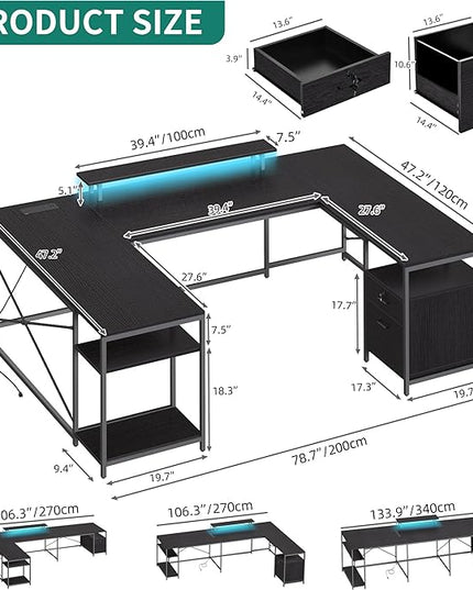 YITAHOME U Shaped Desk with Power Outlets & LED Lights, 79" Reversible L Shaped Desk with Drawers, Corner Computer Desk Office Desk with Monitor Stand & Storage Shelves, Black - LeafyLoom