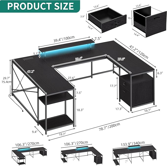 YITAHOME U Shaped Desk with Power Outlets & LED Lights, 79" Reversible L Shaped Desk with Drawers, Corner Computer Desk Office Desk with Monitor Stand & Storage Shelves, Black - LeafyLoom