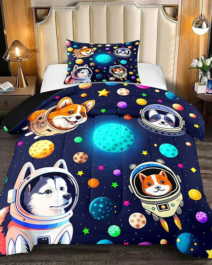 Dogs Twin Comforter Set for Boys - 2Pcs Lovely Pets Animals Theme Bedding Set for Boys Bedroom Kids Room Decor Cute Corgi Husky Alaska Pattern Soft Comforter with 1 Pillowcase for All Season - LeafyLoom