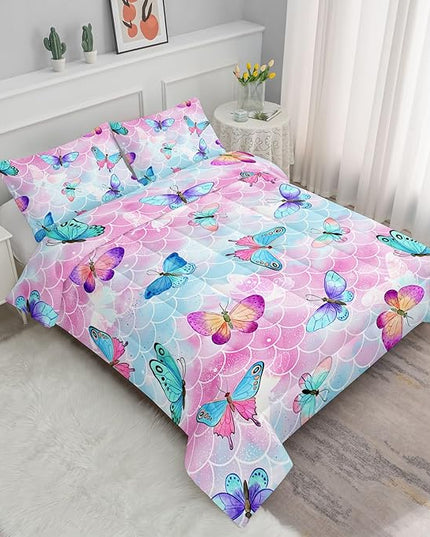Datura home Kids Comforter Set Mermaid Scale Butterfly Printed Pattern Bedding Set with 1 Comforter and 2 Pillowcases for Girls Boys Bedroom All Season(Mermaid Twin) - LeafyLoom