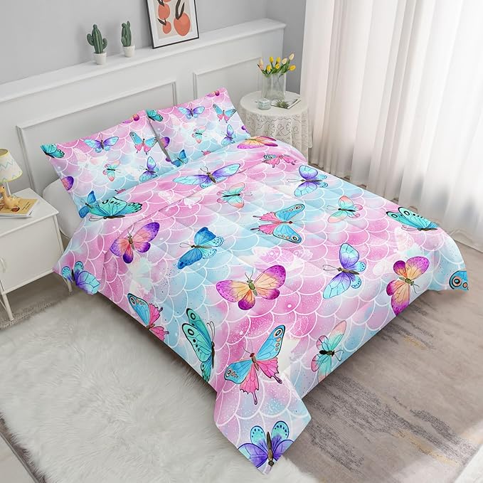 Datura home Kids Comforter Set Mermaid Scale Butterfly Printed Pattern Bedding Set with 1 Comforter and 2 Pillowcases for Girls Boys Bedroom All Season(Mermaid Queen) - LeafyLoom