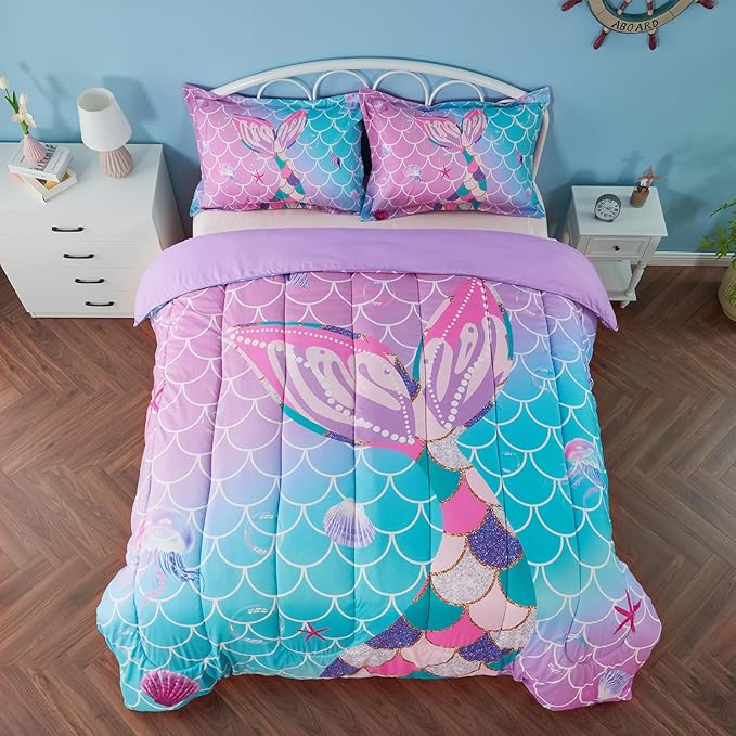 Twin/Twin XL Comforter Set for Girls Mermaid Tail Rainbow Scales Bedding Set 2 Pieces Twin Size Comforter with Pillowcase for Kids, Teenagers - LeafyLoom