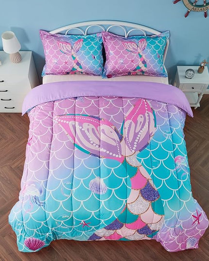 Queen Size Comforter Sets for Girls Mermaid Tail Rainbow Scales Bedding Set 3 Pieces Queen Comforter with 2 Pillowcases for Kids, Teenagers - LeafyLoom