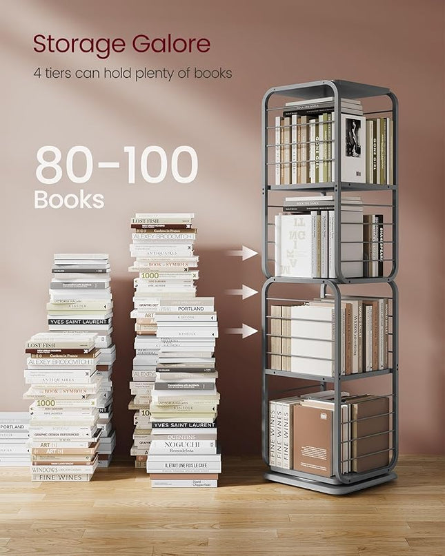 VASAGLE 4-Tier Rotating Bookshelf, Bookcase with Bookends for Small Spaces, Corner Shelf, Steel Frame, Dove Grey ULLS127G36 - LeafyLoom