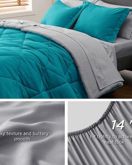 Bedsure Teal California King Size Comforter Set - 7 Pieces Reversible California King Bed in a Bag King Bed Set with Comforters, Sheets, Pillowcases & Shams, California King Bedding Sets - LeafyLoom