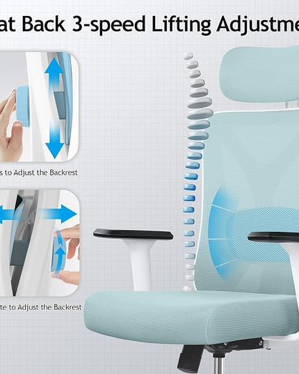 KERDOM Ergonomic Office Chair, Rolling Swivel Executive Desk Chair, Breathable Mesh Gaming Chair with Adjustable Headrest, 3D Armrest and Lumbar Support for Home Office LightBlue - LeafyLoom