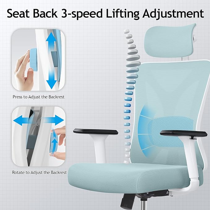 KERDOM Ergonomic Office Chair, Rolling Swivel Executive Desk Chair, Breathable Mesh Gaming Chair with Adjustable Headrest, 3D Armrest and Lumbar Support for Home Office LightBlue - LeafyLoom