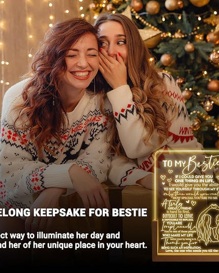 Best Friend Birthday Gifts for Women - Heartwarming Acrylic Plaque with Walnut Night Light - to My Bestie Gifts Unique - Friendship Gifts for Friends Female - LeafyLoom
