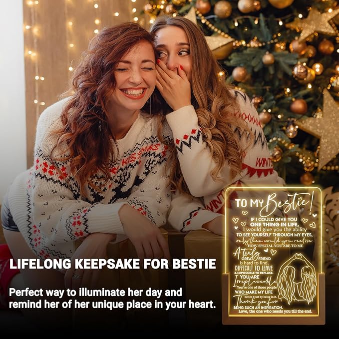 Best Friend Birthday Gifts for Women - Heartwarming Acrylic Plaque with Walnut Night Light - to My Bestie Gifts Unique - Friendship Gifts for Friends Female - LeafyLoom