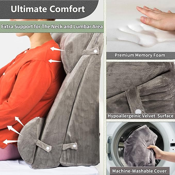 4PCS Adjustable Bed Wedge Pillow Sleeping Support Set 100% Memory Foam for Postoperative recovery, Back Neck Leg Support,Acid Reflux and GERD,Sitting Reading Dark Gray - LeafyLoom