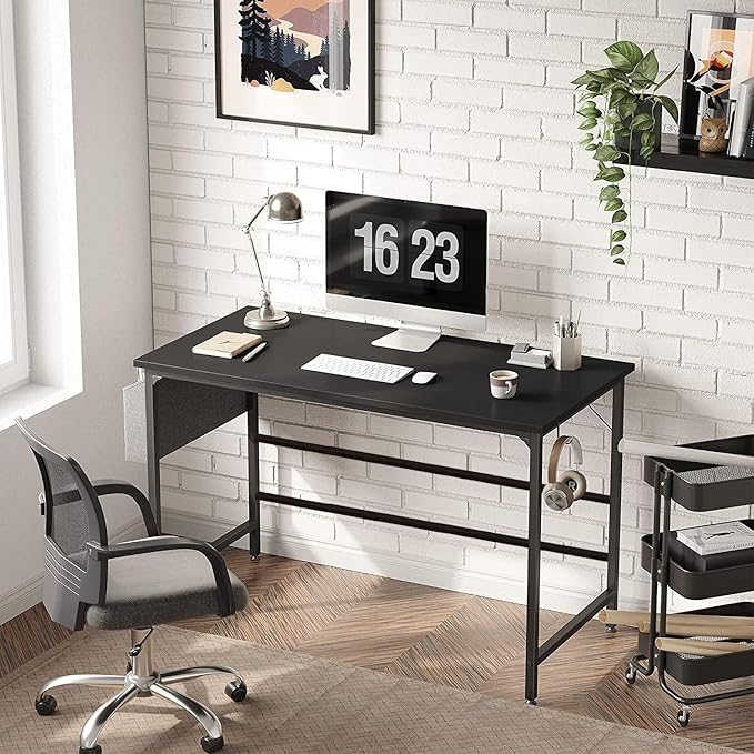 CubiCubi Computer Desk 32" Study Writing Table for Home Office, Modern Simple Style PC Desk, Black Metal Frame, Black - LeafyLoom