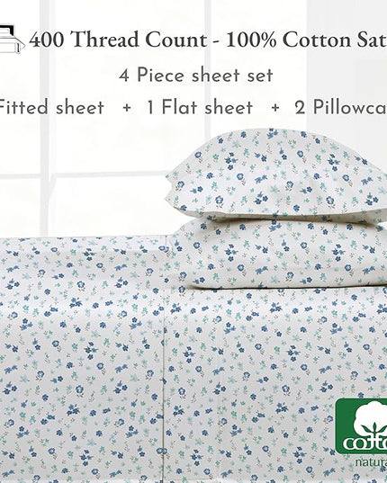 California Design Den Floral Sheets Pattern Full Sheet Set, Luxury 400 Thread Count 100% Cotton Sheets, 4 Pc Deep Pocket Full Sheets & Pillowcase Set (Blooming Meadows) - LeafyLoom