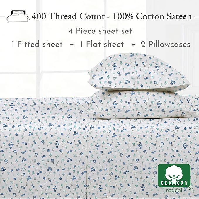 California Design Den Floral Sheets Pattern Full Sheet Set, Luxury 400 Thread Count 100% Cotton Sheets, 4 Pc Deep Pocket Full Sheets & Pillowcase Set (Blooming Meadows) - LeafyLoom