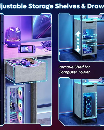 Bestier Gaming Desk with Drawer and LED Lights, 48 inch Computer Desk PC Table with Adjustable Storage Shelves & Hook for Home Office, Light Grey - LeafyLoom