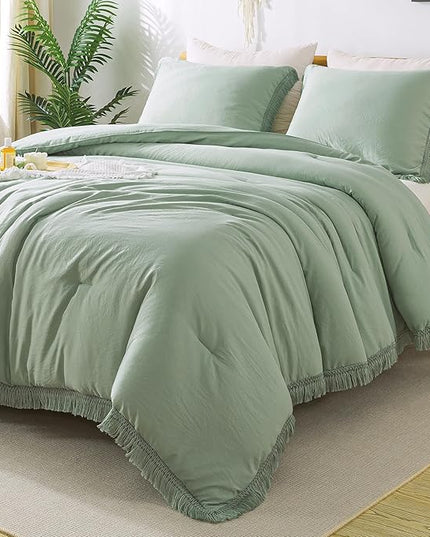 Andency Sage Green Tassel Comforter Set Full(79x90Inch), 3 Pieces(1 Fringe Comforter, 2 Pillowcases) Boho Farmhouse Shabby Chic , Microfiber Lightweight Bedding Set - LeafyLoom