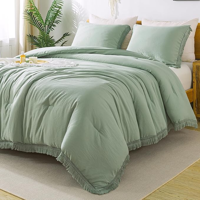 Andency Sage Green Tassel Comforter Set Full(79x90Inch), 3 Pieces(1 Fringe Comforter, 2 Pillowcases) Boho Farmhouse Shabby Chic , Microfiber Lightweight Bedding Set - LeafyLoom