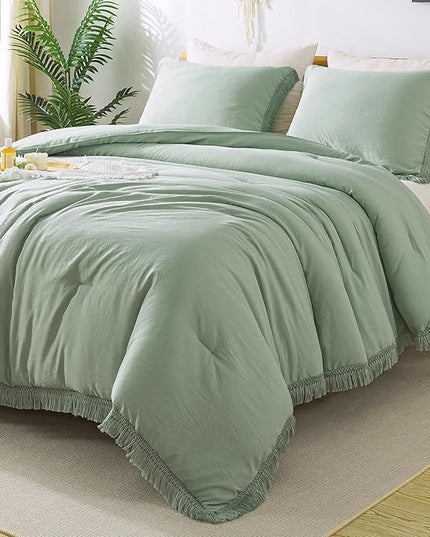 Andency Queen Comforter Set Sage Green, 3 Pieces Boho Tassel Lightweight Bedding Comforter Sets, Winter Soft Fluffy Fringe Bed Set (90x90In Comforter & 2 Pillowcases) - LeafyLoom