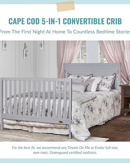Cape Cod 5-In-1 Convertible Crib In Pebble Grey, Greenguard Gold And JPMA Certified, Built Of Sustainable New Zealand Pinewood, 3 Mattress Height Positions - LeafyLoom
