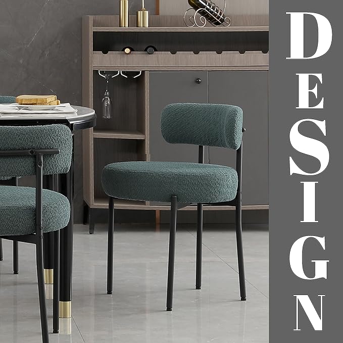 DYHOME Green Dining Chairs Set of 6, Mid-Century Modern Dining Chairs, Kitchen Dining Room Chairs, Curved Backrest Round Upholstered Boucle Sherpa Dining Chair with Black Metal Legs - LeafyLoom