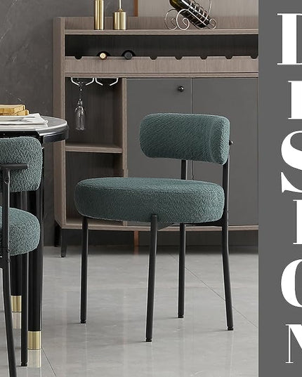 DYHOME Green Dining Chairs Set of 2, Mid-Century Modern Dining Chairs, Kitchen Dining Room Chairs, Curved Backrest Round Upholstered Boucle Sherpa Dining Chair with Black Metal Legs - LeafyLoom