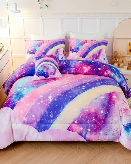 6Pcs Queen Size Comforter Set for Girls Teens, 3D Pastle Rainbow Nebula Comforter Bedding Set, Tie Dye Pink Comforter Soft Lightweight Bed in A Bag with Sheets Comforter and Pillowcases - LeafyLoom