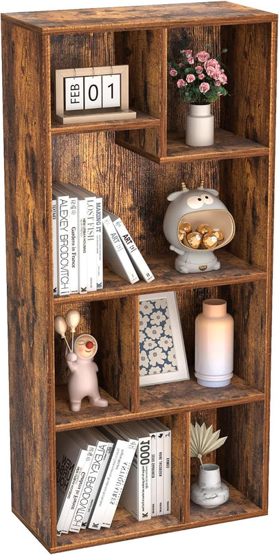 VECELO 42 Inch High Bookcase, 4-Tier Modern Storage Cabinet with Height Difference Shelves for Standard Textbooks, Floor Standing, 7 Cubes, Horizontal Available, Easy Assembly, Rustic Brown - LeafyLoom