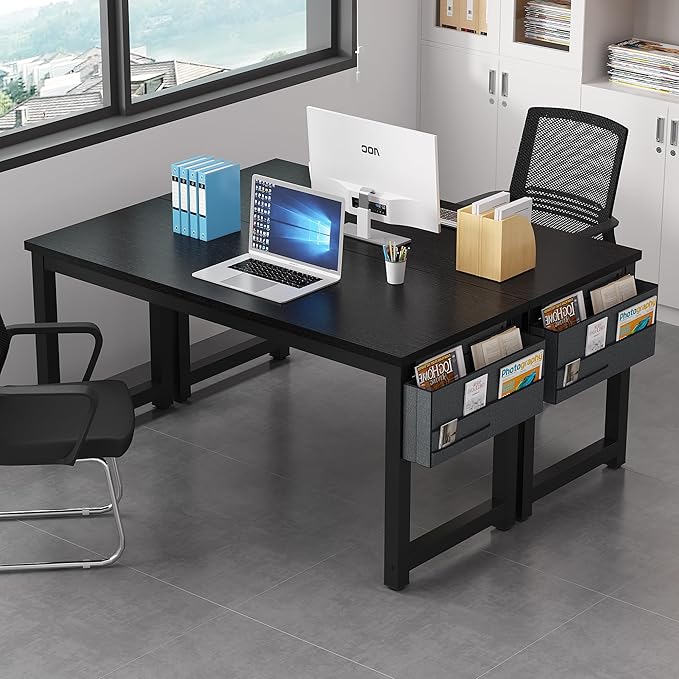 63 Inch Large Computer Desk Writing Study Work Office Table Home Office Desk Moderm Gaming Desk Simple Workstation with Storage Bag and Iron Hook - Black - LeafyLoom