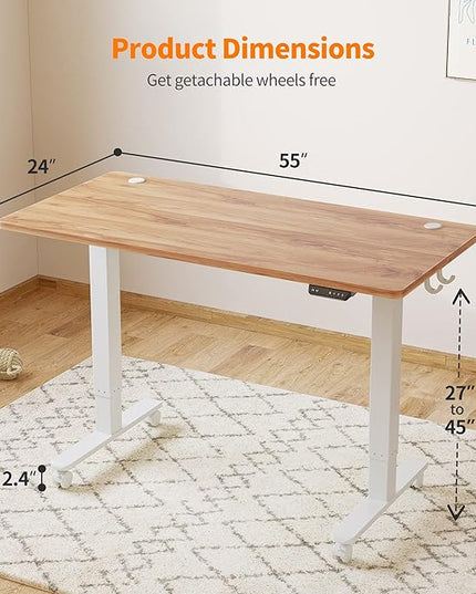 Cubiker 55 x 24 Inch Standing Desk, Stand up Height Adjustable Home Office Electric Table, Sit Stand Desk with Splice Board, White Frame & Light Rustic Brown Desktop - LeafyLoom