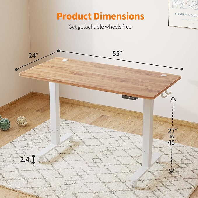 Cubiker 55 x 24 Inch Standing Desk, Stand up Height Adjustable Home Office Electric Table, Sit Stand Desk with Splice Board, White Frame & Light Rustic Brown Desktop - LeafyLoom