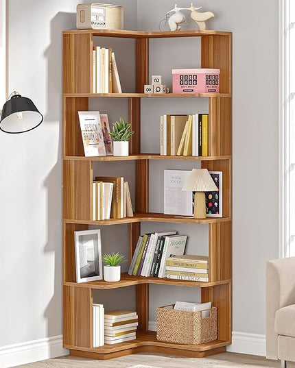 6-Shelf Corner Bookshelf, 65” Tall L Shaped Bookcase, 6-Tier Industrial Corner Shelf Storage Display Rack for Living Room Home Office, Wood Grain Walnut - LeafyLoom