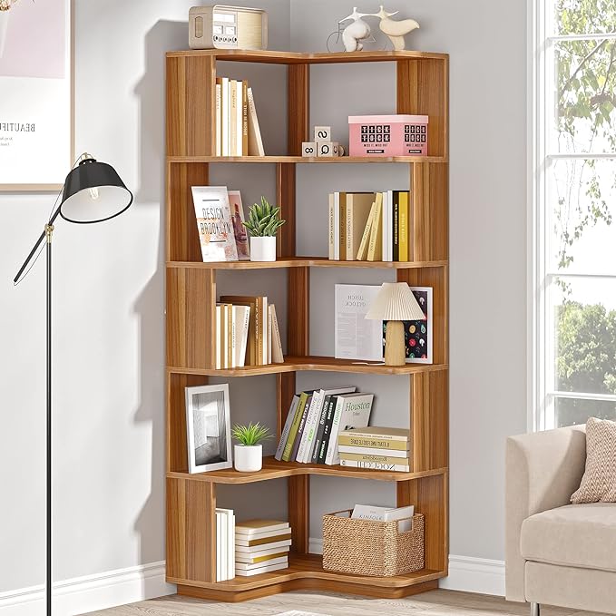 6-Shelf Corner Bookshelf, 65” Tall L Shaped Bookcase, 6-Tier Industrial Corner Shelf Storage Display Rack for Living Room Home Office, Wood Grain Walnut - LeafyLoom