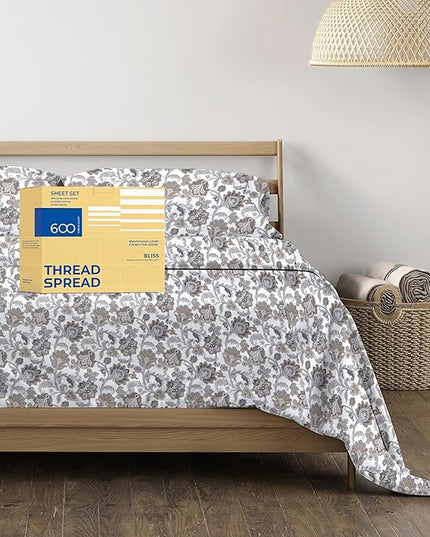 THREAD SPREAD 100% Egyptian Cotton Printed Bed Sheets - 600 Thread Count 4 PC Full Sheet Set, Hotel Luxury Sateen Bedsheets, 16" Deep Pocket Soft Cooling Sheets for Full Size Bed - Floral Ivory - LeafyLoom