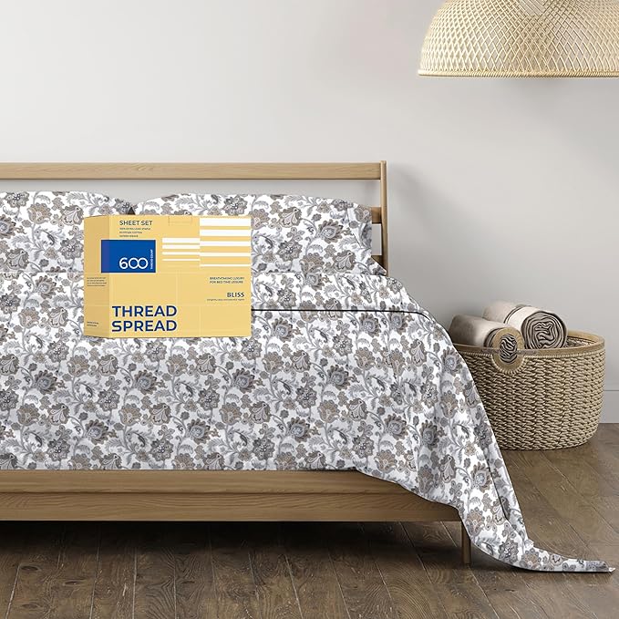 THREAD SPREAD 100% Egyptian Cotton Printed Bed Sheets - 600 Thread Count 4 PC Full Sheet Set, Hotel Luxury Sateen Bedsheets, 16" Deep Pocket Soft Cooling Sheets for Full Size Bed - Floral Ivory - LeafyLoom